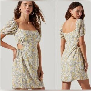 ASTR THE LABEL LINEN Blend Talula Floral Side‎ Cutout Puff S. Mini Dress SMALL